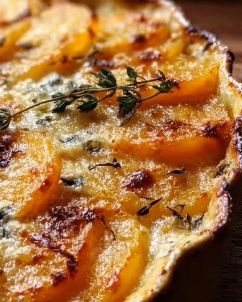 Gratin de patata y calabaza con gorgonzola, un plato delicioso y cremoso.