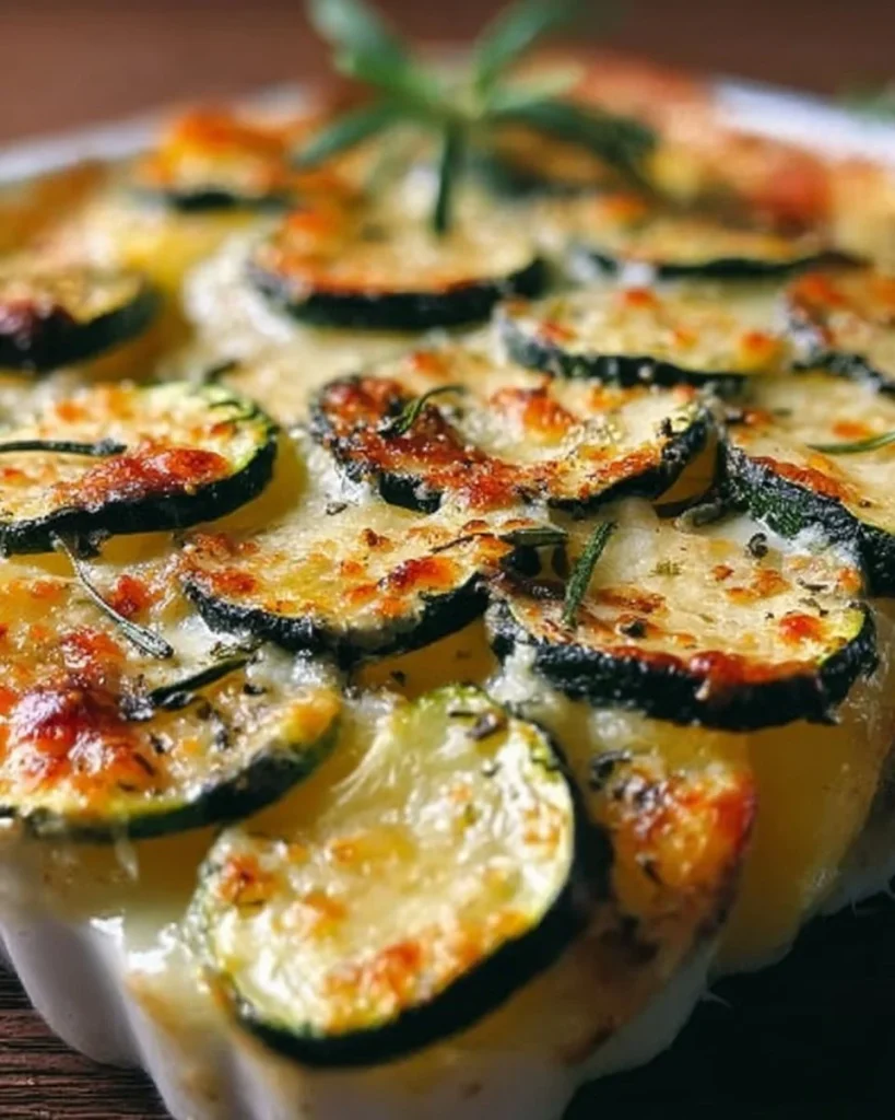 Guiso de patata y calabacín servido en un plato blanco con vegetales frescos.