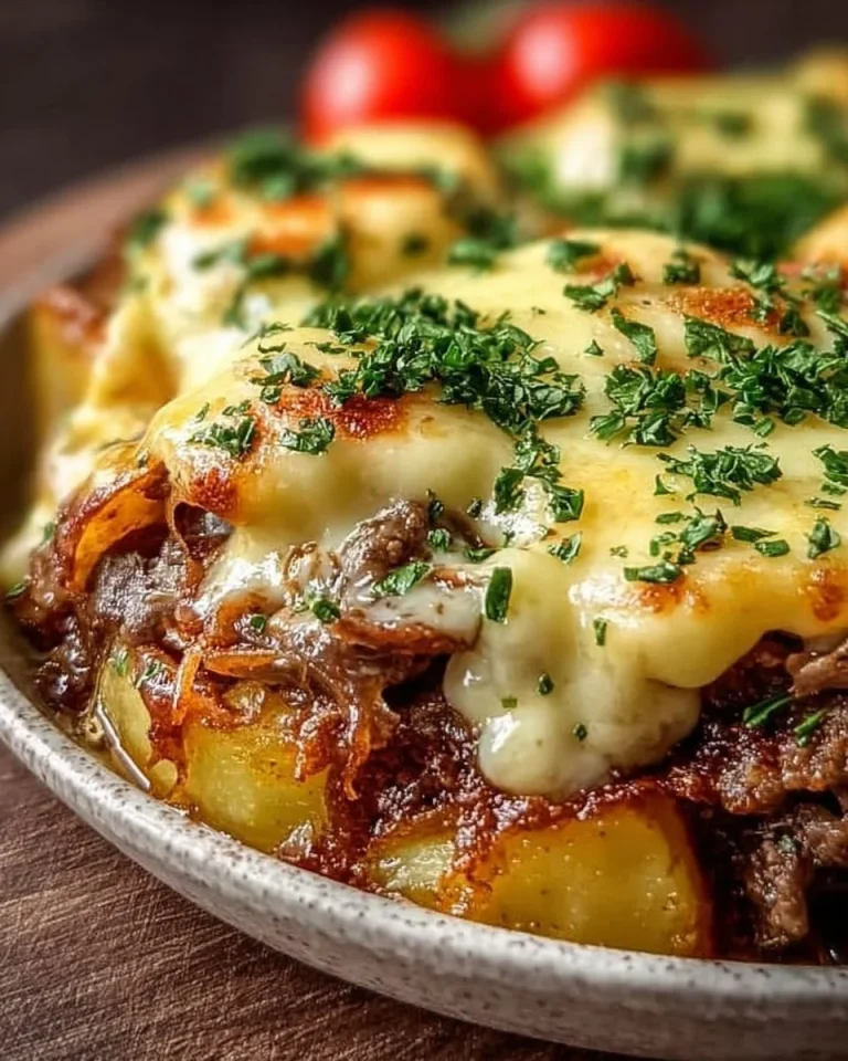 Leckere Gyros-Auflauf mit Knoblauch und Sauce Hollandaise auf einem Teller