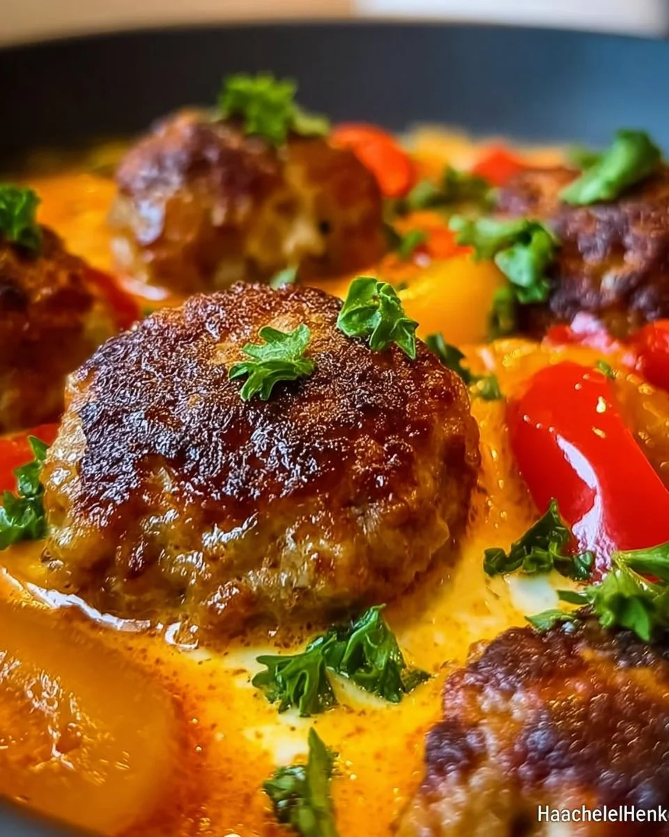 Hackbällchen in cremiger Paprikasoße serviert auf einem Teller