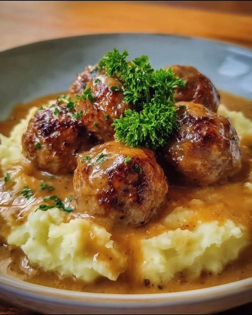 Hackbällchen in cremiger Sauce serviert mit Kartoffelpüree