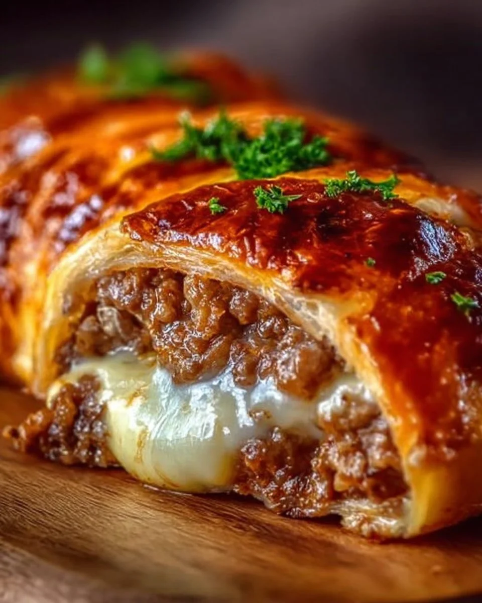 Feine Hackfleisch-Käse-Rolle frisch aus dem Ofen serviert.