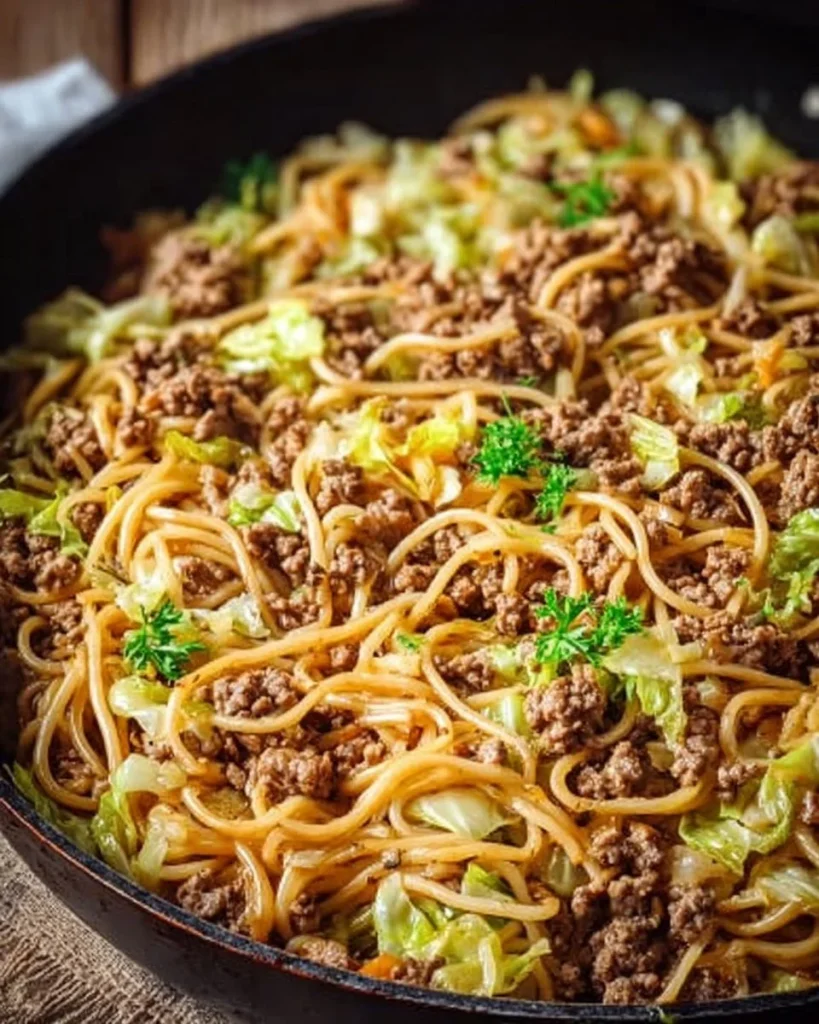 Delikate Hackfleisch-Kohl-Pfanne mit Nudeln auf einem Teller serviert.