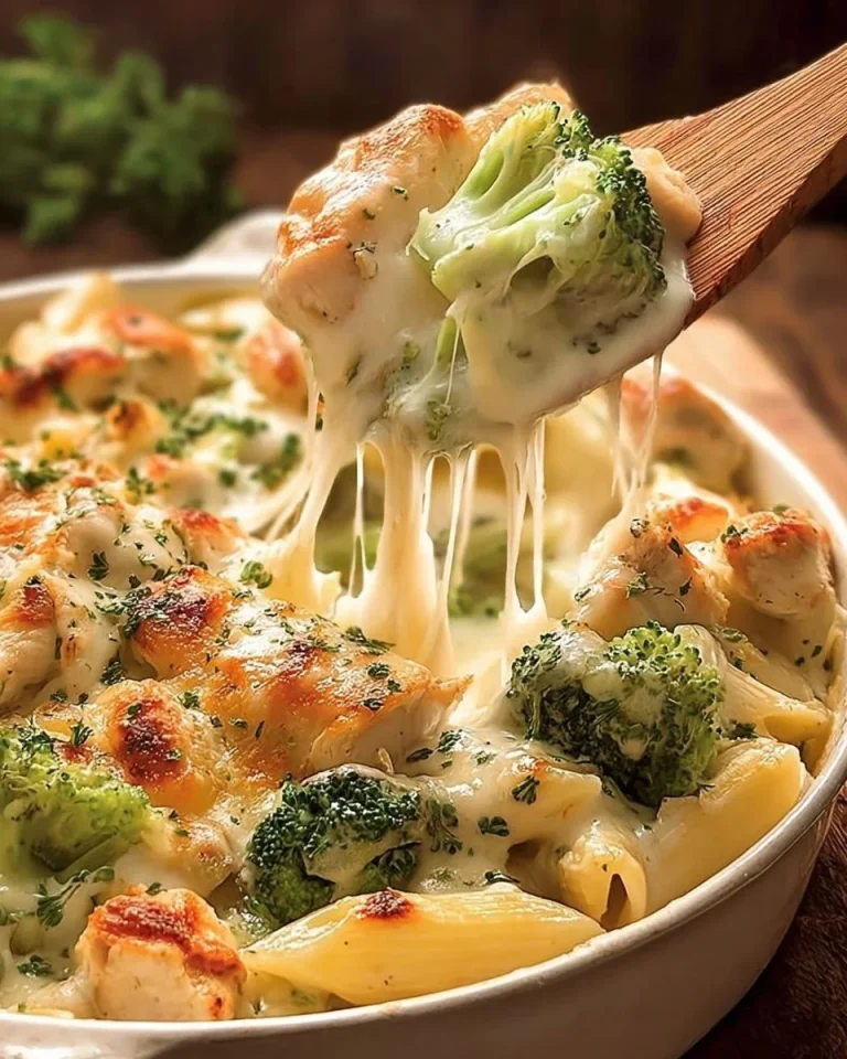 Hähnchen-Brokkoli-Auflauf Alfredo mit Sahnesauce und Käse überbacken