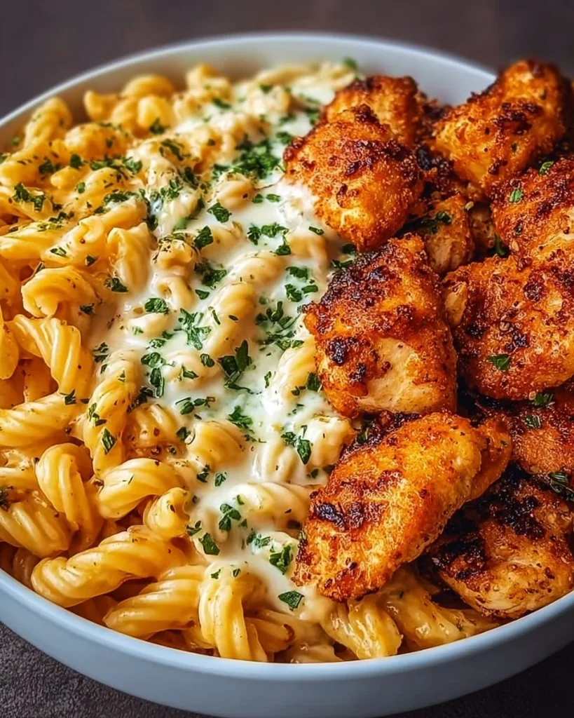 Hähnchenbrustfilets mit Knoblauchbutter und Parmesan-Pasta auf einem Teller serviert.