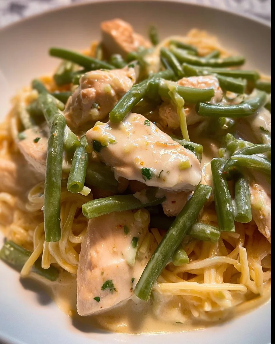 Hähnchenpfanne mit grünen Bohnen und Spaghetti serviert auf einem Teller