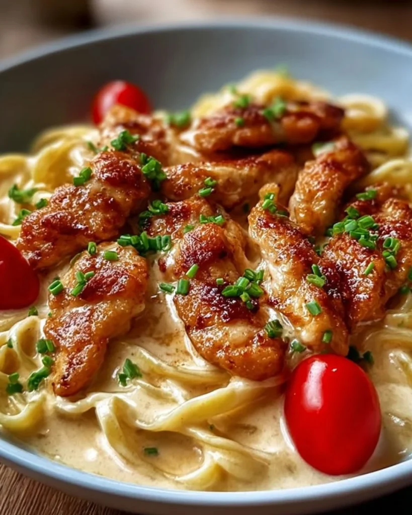 Hähnchenstreifen mit Nudeln in Sahnesauce auf einem Teller serviert