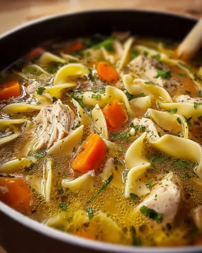 Hühnnersuppe mit Nudeln in einer Schale, garnierte mit frischen Kräutern.