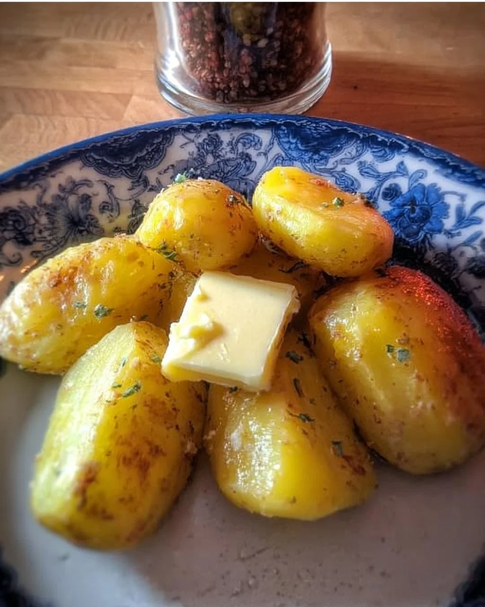 Erdapfel mit Butter auf einem Teller, serviert als leckeres Gericht.