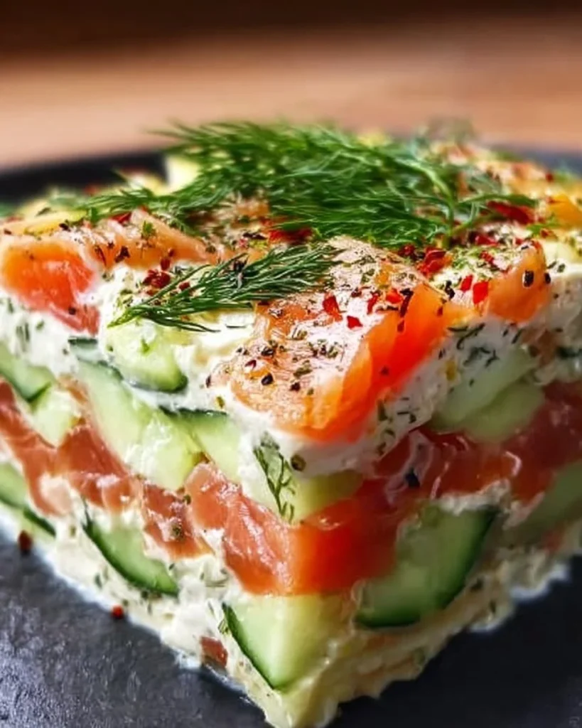 Kalte Lasagne mit Gurke, Lachs und Dill auf einem Teller serviert