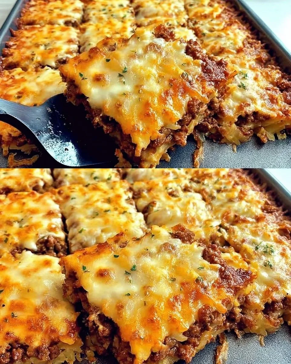 Leckerer Kartoffel-Hackfleisch-Auflauf mit Käse frisch aus dem Ofen.