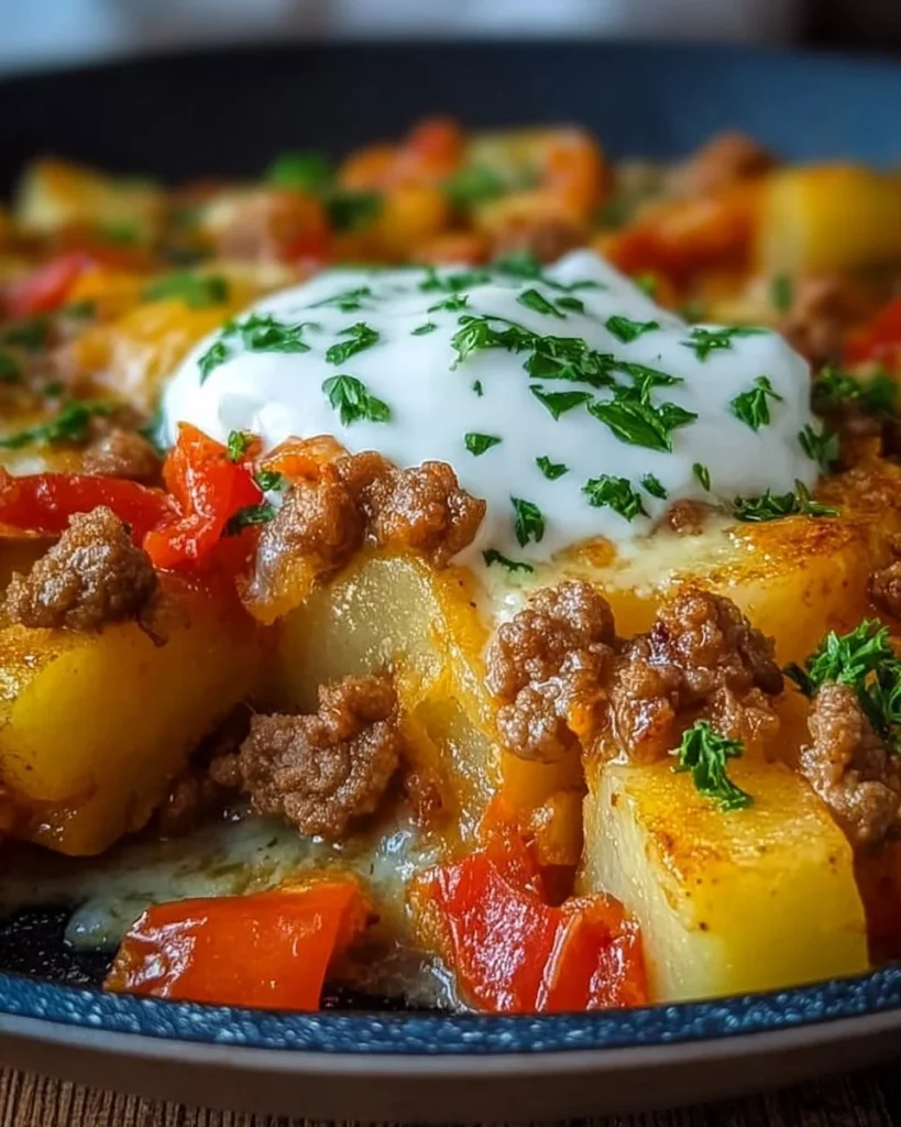 Kartoffel-Paprika-Pfanne mit Hackfleisch und Crème Fraîche auf einem Teller serviert.