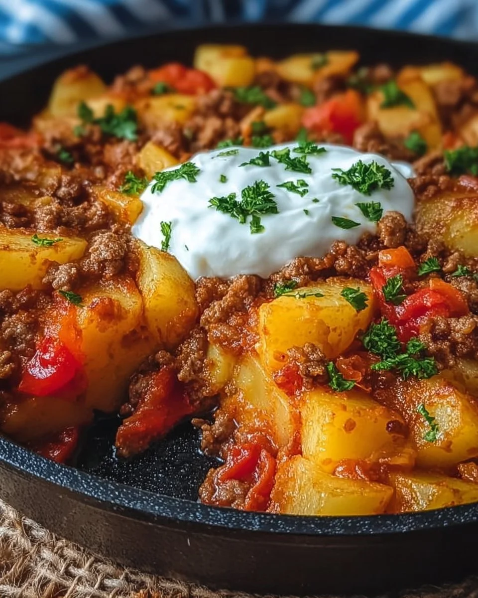 Leckere Kartoffel-Paprika-Pfanne mit Hackfleisch und Crème Fraîche