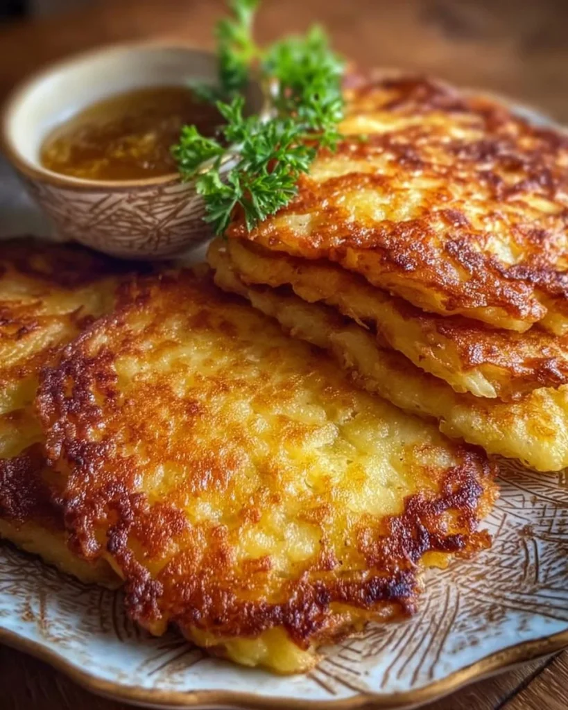 Knusprige Kartoffelpuffer auf einem Teller serviert mit Apfelmus