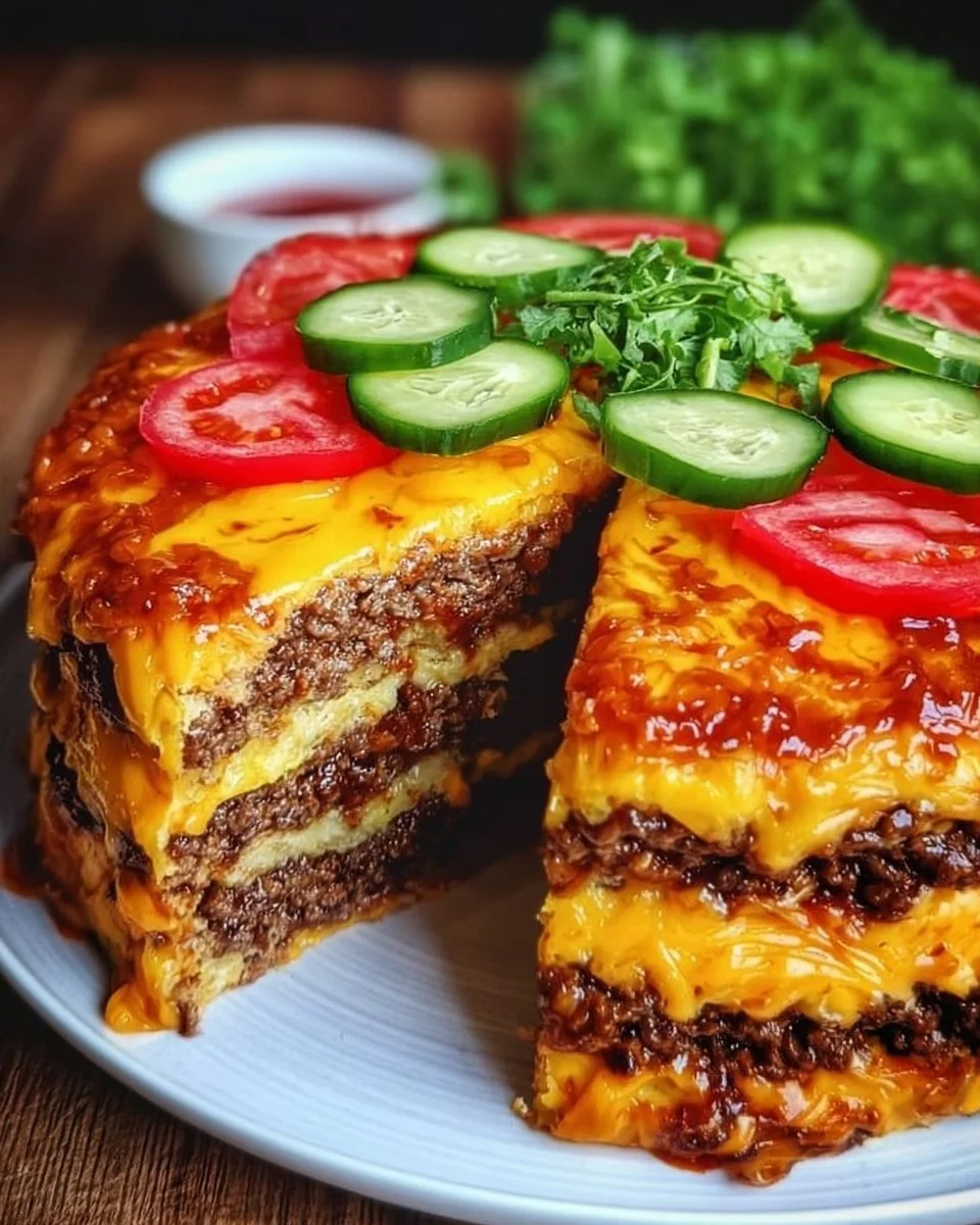 Käseburger-Torte mit saftigem Burger und cremigem Käse, ideal für Feiern