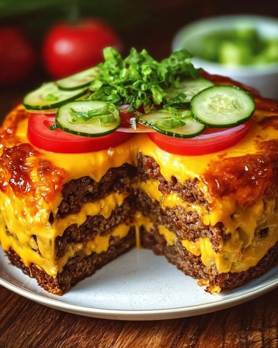 Leckere Käseburger-Torte mit Schichten aus Käse und Burger-ähnlichem Design.