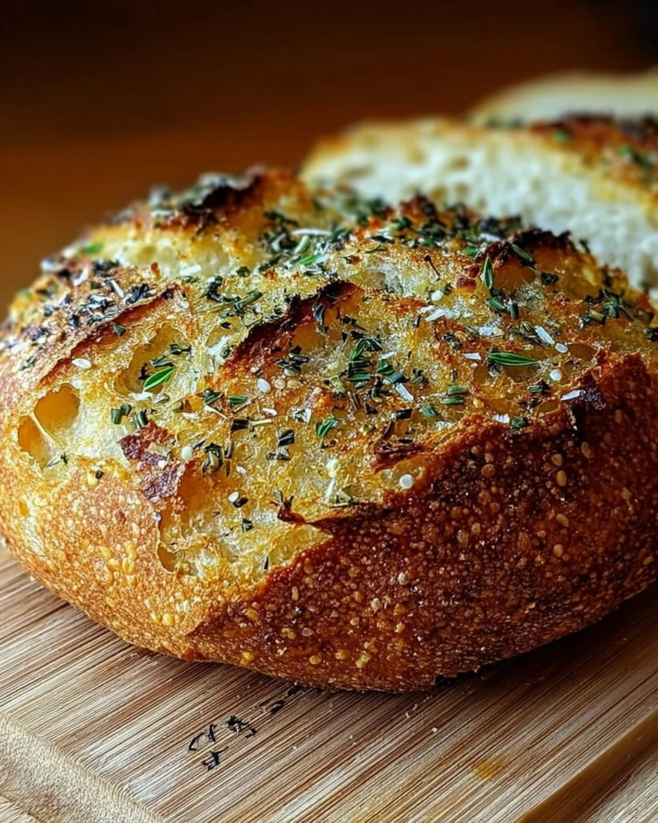 Knoblauchbrot ohne Kneten, frisch gebacken und serviert auf einem rustikalen Holzbrett.