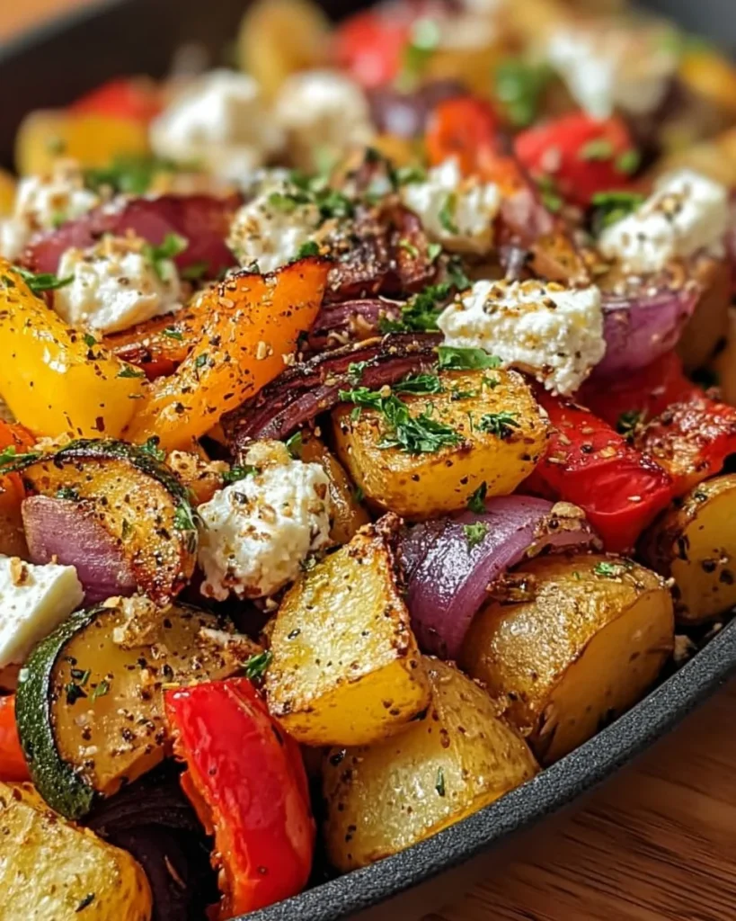 Knusprige Feta-Kartoffeln mit buntem Ofengemüse im Ofen gebacken