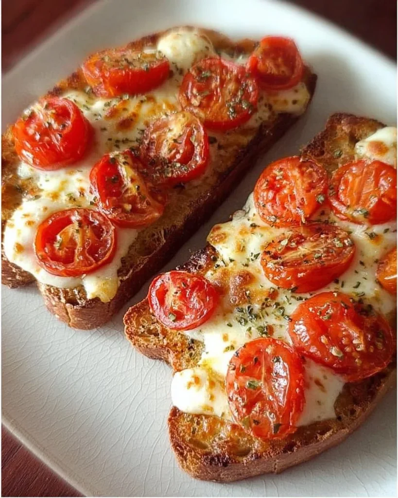Knusprige Tomaten-Mozzarella-Toasts auf einem Holzbrett