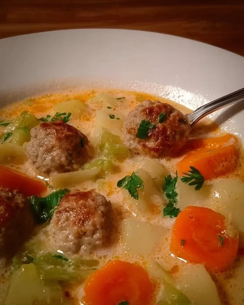 Kohlrabi-Möhren Eintopf mit Hackbällchen auf einem Teller serviert.