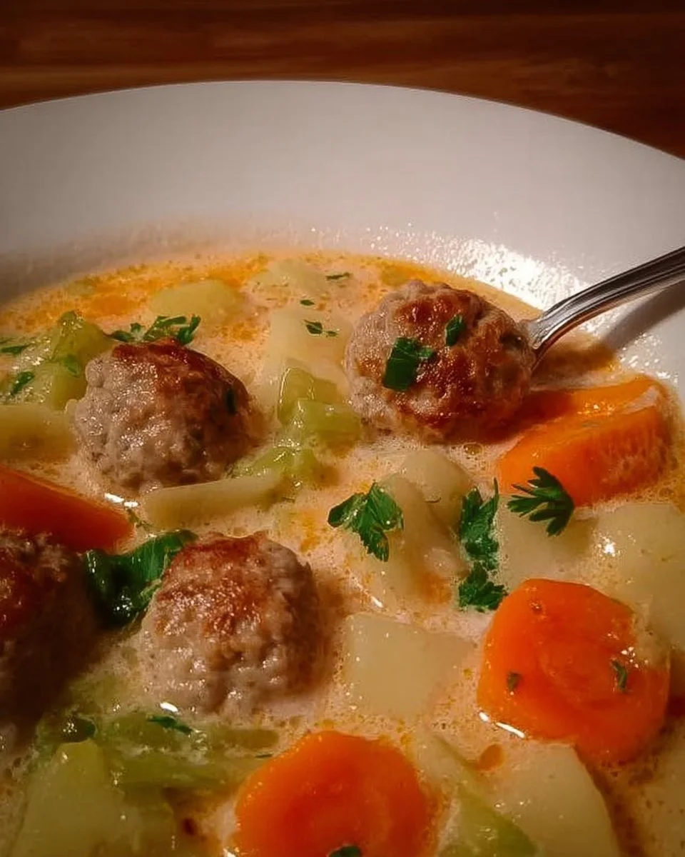 Kohlrabi-Möhren Eintopf mit Hackbällchen auf einem Teller serviert.