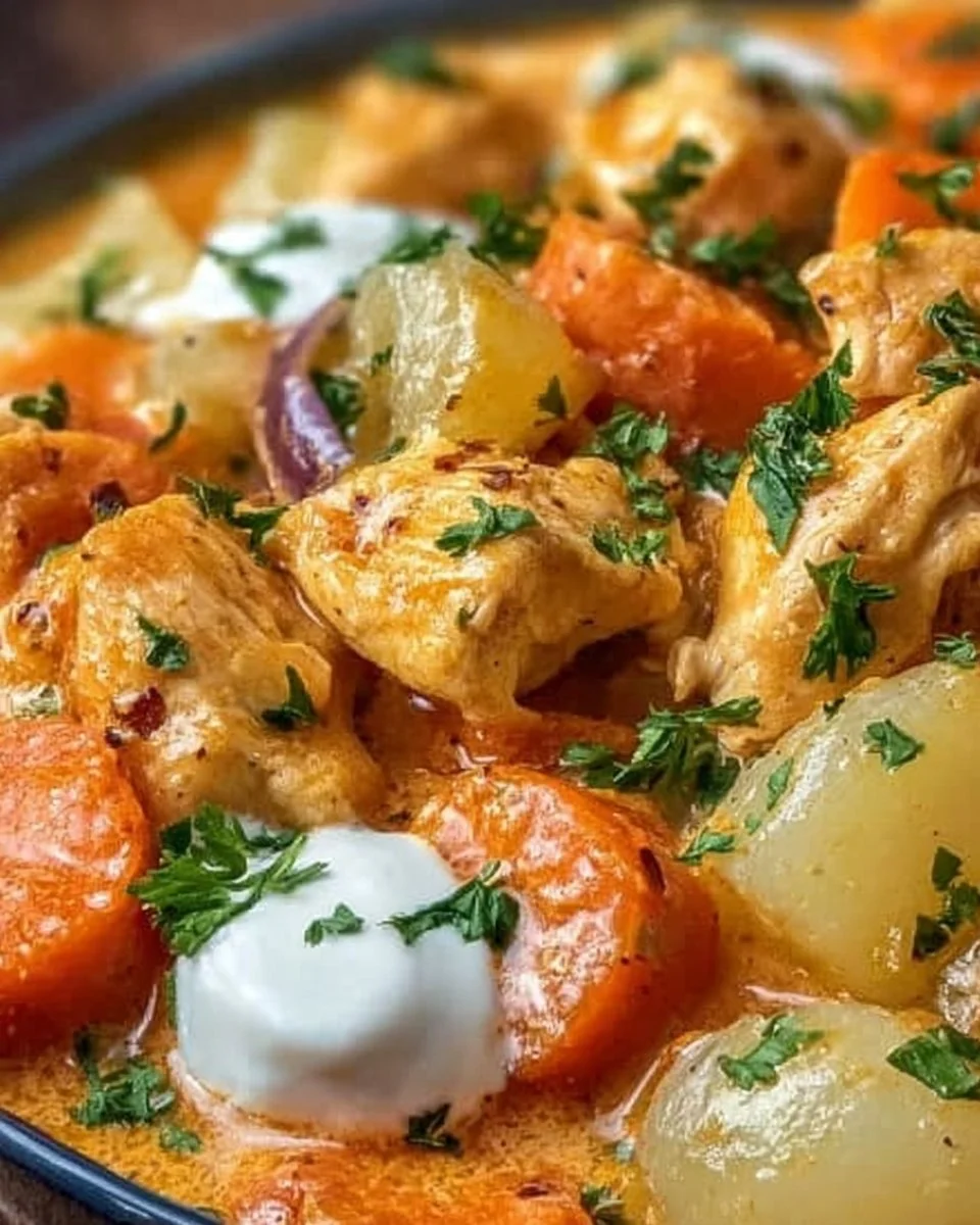 Kohlrabi-Möhren-Hähnchen-Pfanne mit buntem Gemüse auf einem Teller serviert