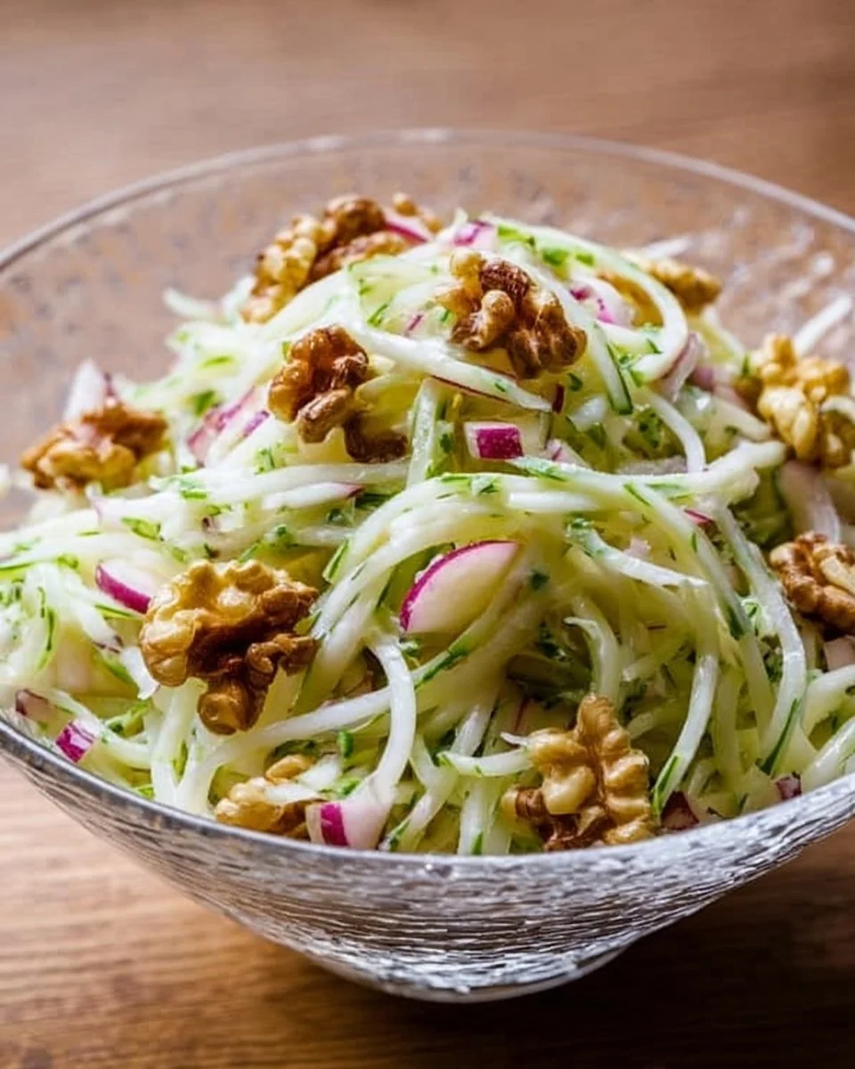 Kohlrabi-Salat mit Äpfeln, Walnüssen und Joghurtdressing auf einem Teller