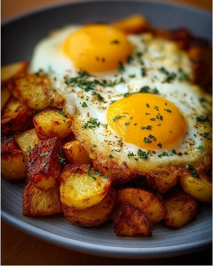 Krosse Bratkartoffeln mit zerlaufenen Spiegeleiern auf einem Teller.