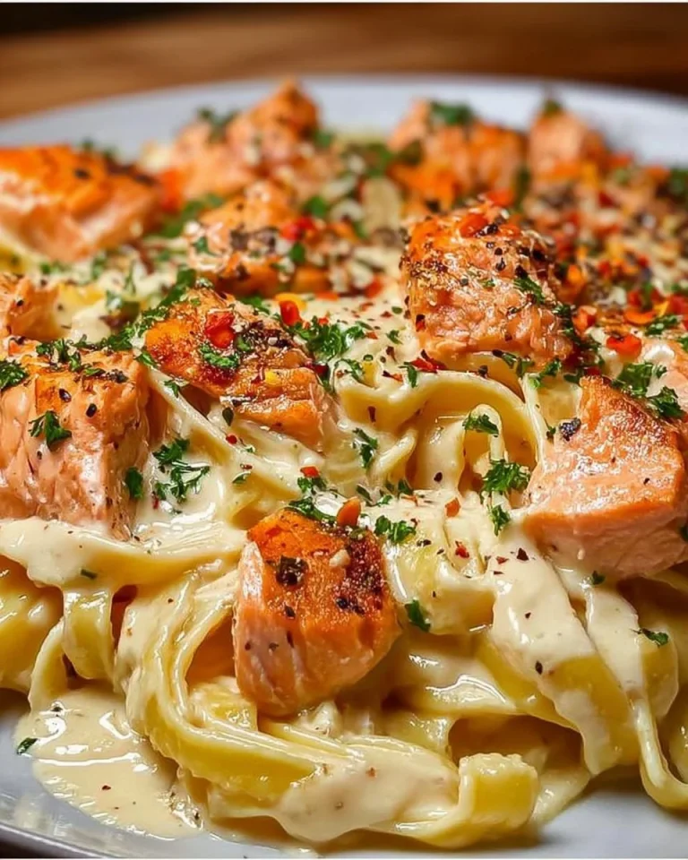 Teller mit Lachs-Pasta in cremiger Sahnesoße, garniert mit frischen Kräutern