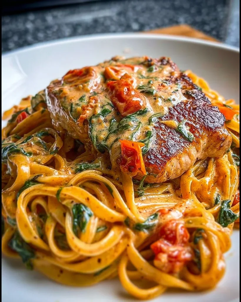 Lachsfilet mit cremiger Tomaten-Spinat-Pasta auf einem Teller