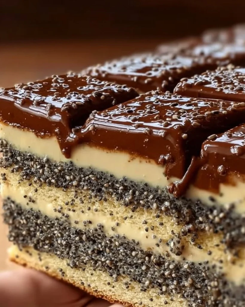 Mehrschichtige Torte mit Mohn und Vanille, überzogen mit schmelzender Schokolade
