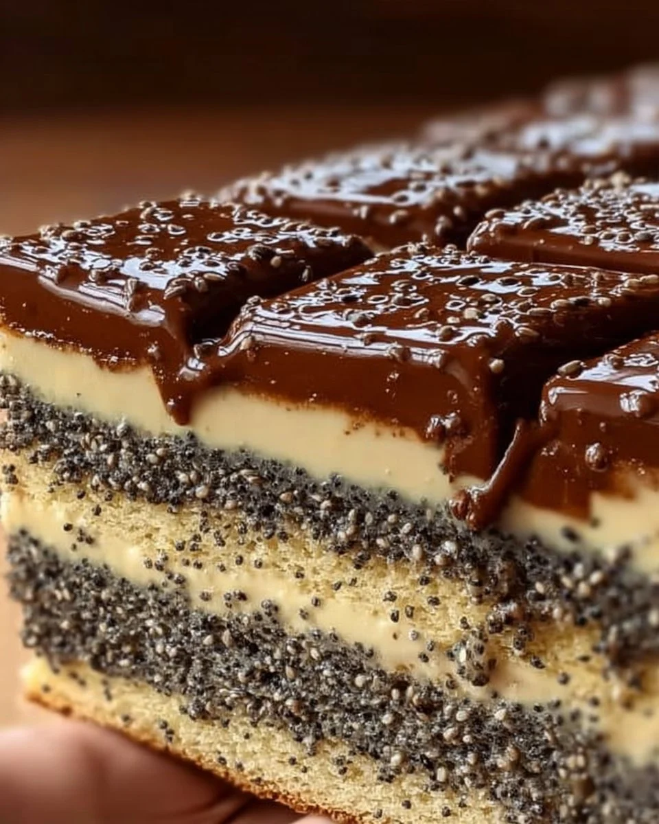 Mehrschichtige Torte mit Mohn und Vanille, überzogen mit schmelzender Schokolade