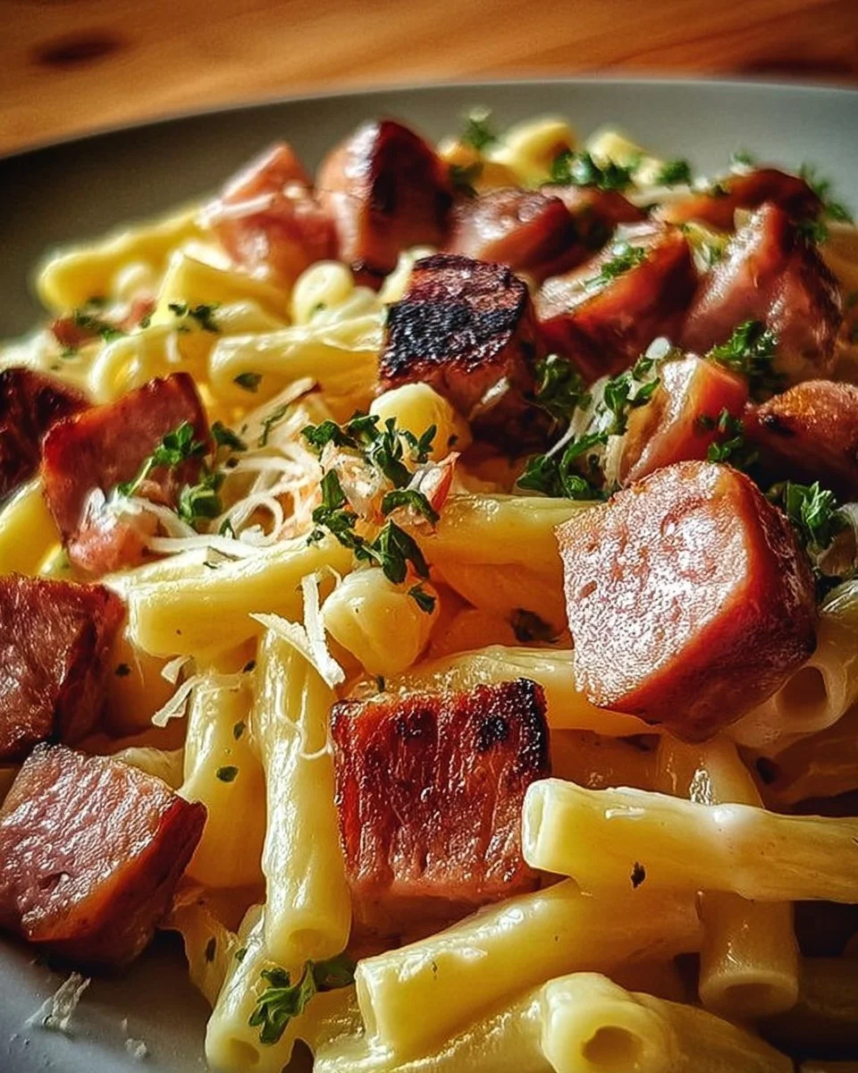 Makkaroni mit in Butter gebratener Wurst auf einem Teller serviert