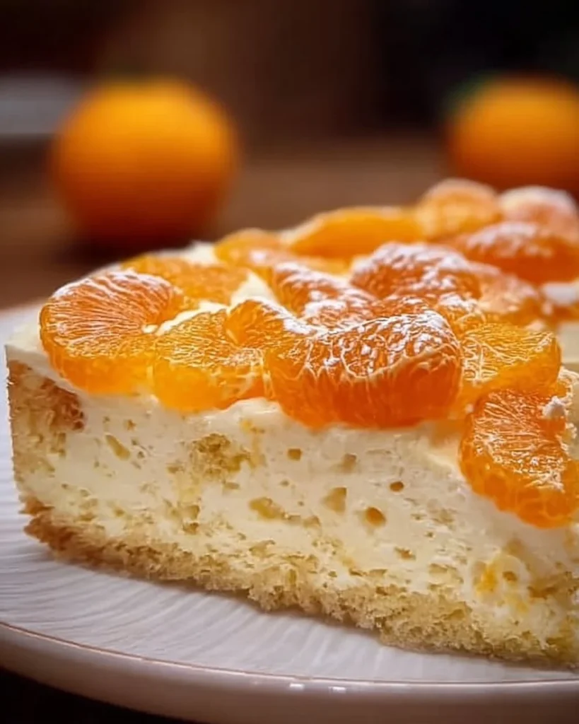 Mandarinen Torte mit Schmand Pudding auf einem Teller angerichtet