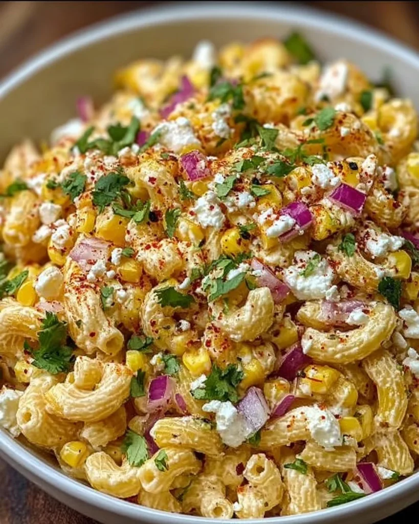 Mexikanischer Straßenmais-Pasta-Salat mit frischen Zutaten und würziger Soße