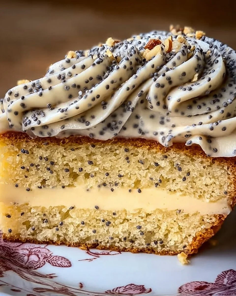 Mohnkuchen mit Paradiescreme auf einem Teller serviert