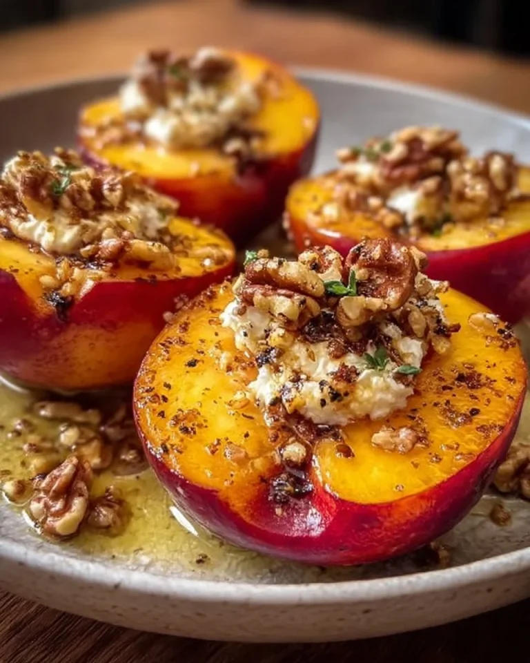 Ofengeröstete Nektarinen mit Feta und Walnüssen auf einem Teller