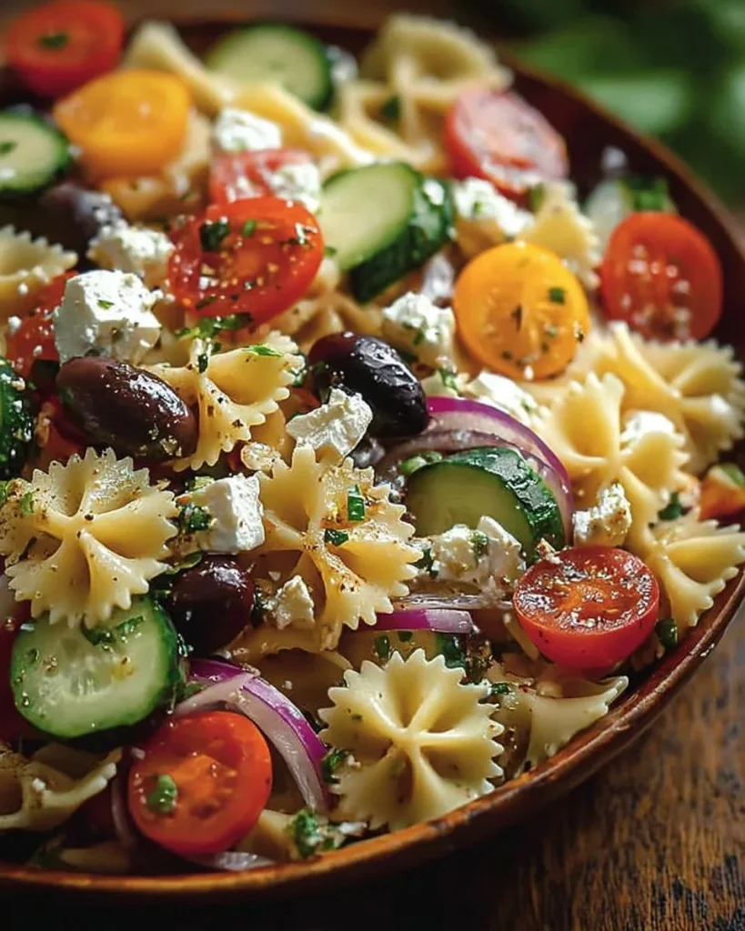 Leckerer Nudelsalat mit Feta und buntem Gemüse in einer Schüssel