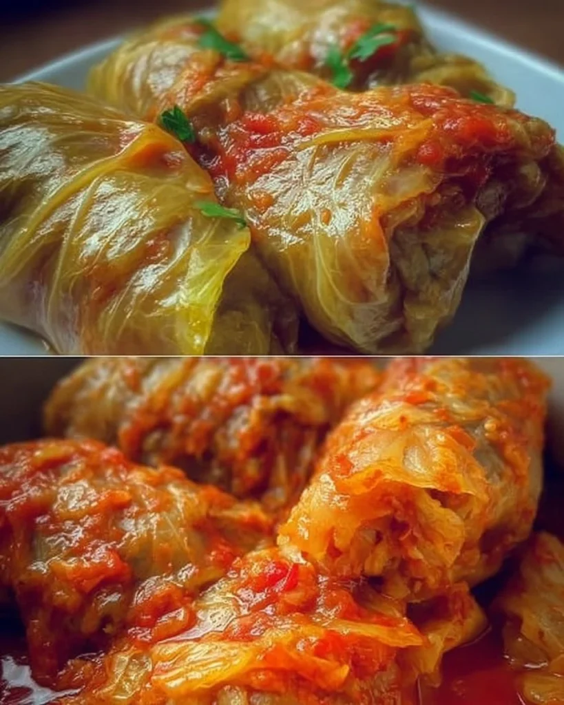 Omas Kohlrouladen mit schmackhaften Füllungen auf einem Teller angerichtet.