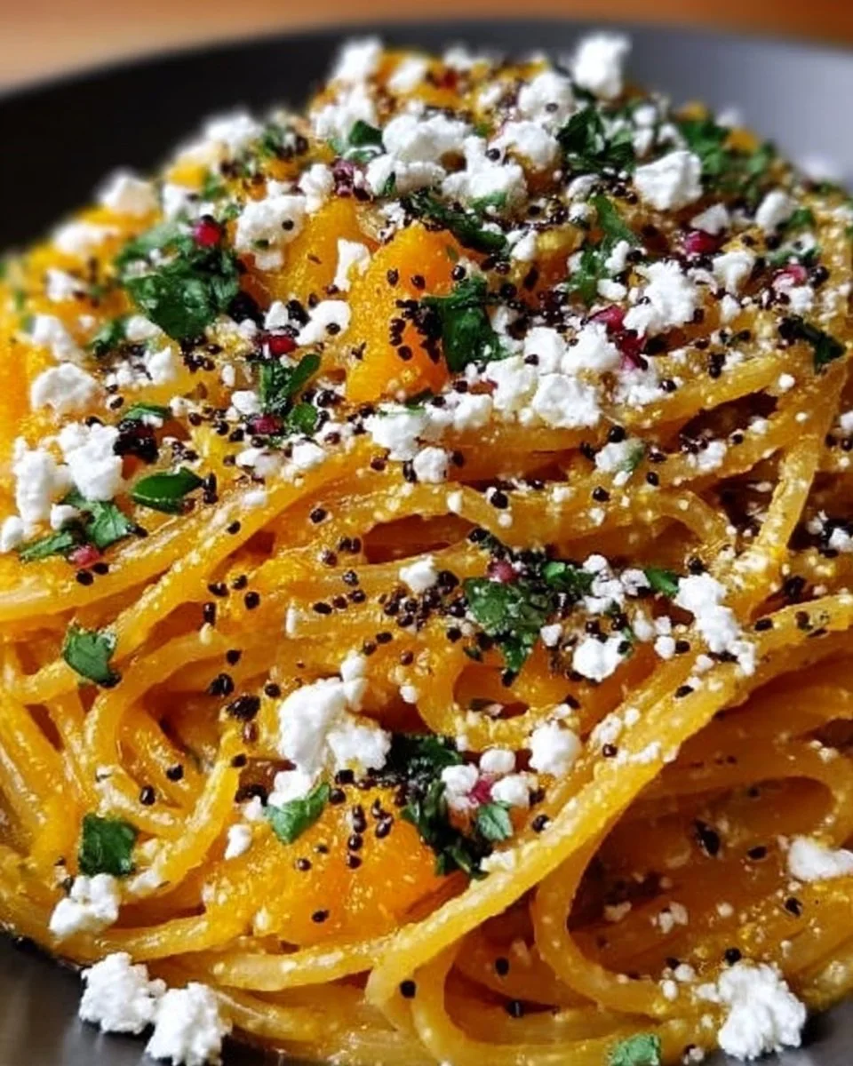 Plato de pasta de calabaza con feta, fácil de preparar y delicioso