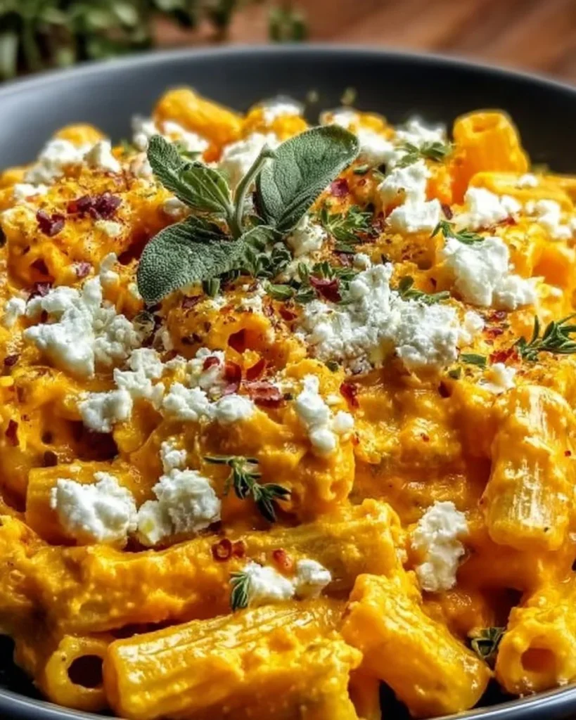 Plato de Pasta de Calabaza y Feta con ingredientes frescos y coloridos