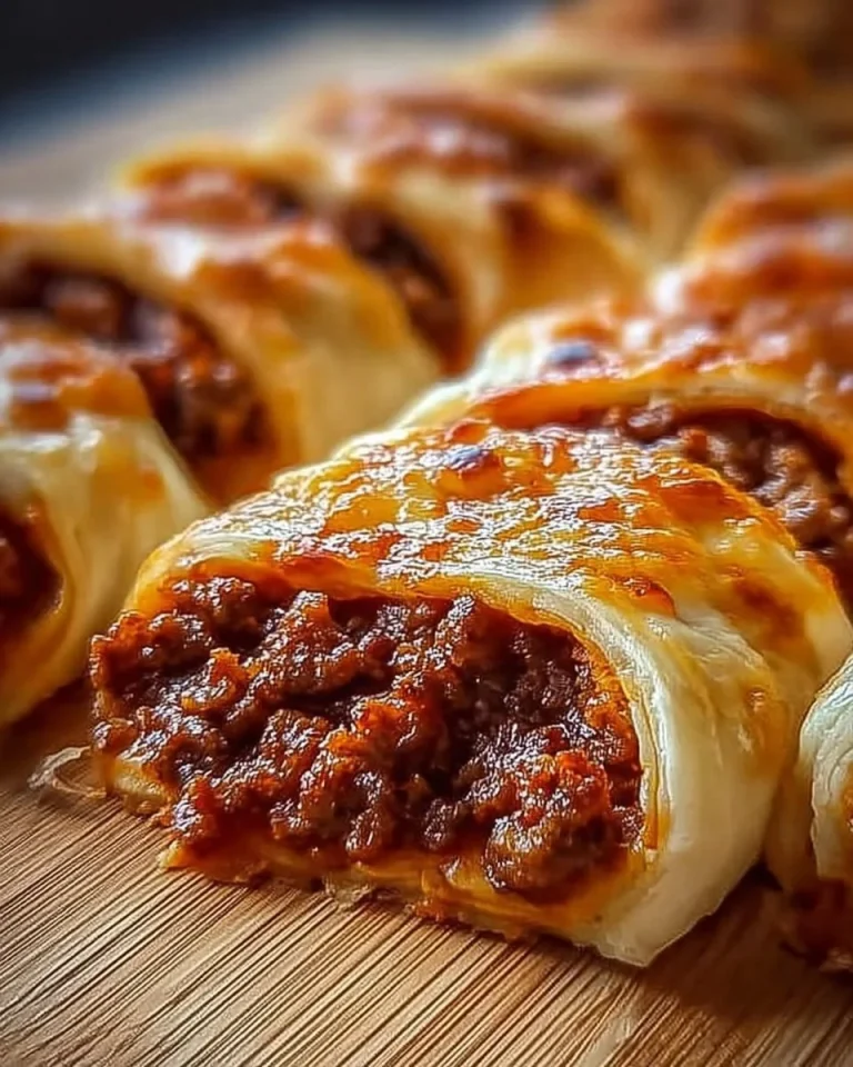 Pizzateig eingerollt mit Hackfleisch auf einem Holzbrett