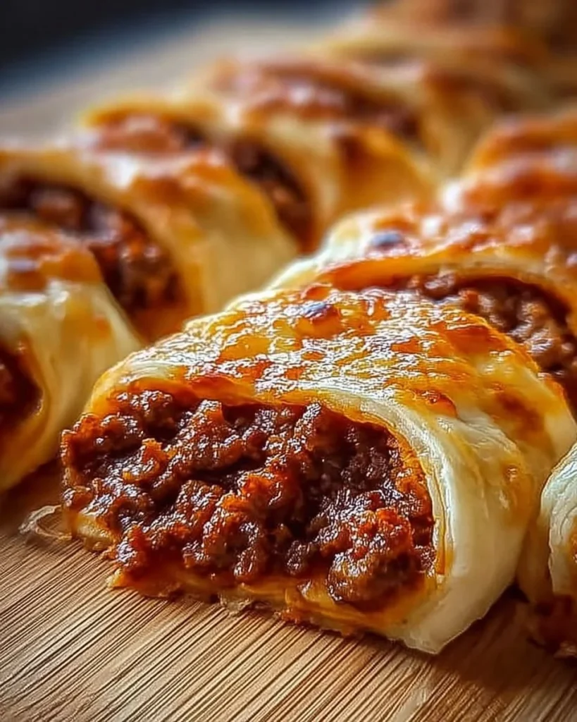 Pizzateig eingerollt mit Hackfleisch auf einem Holzbrett