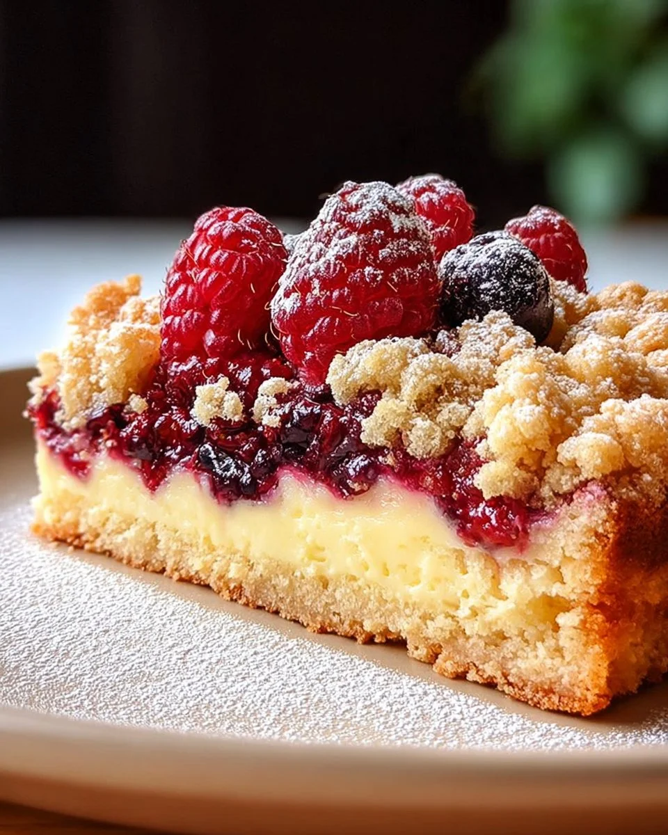 Pudding Streusel Kuchen mit frischem Obst, perfekt für Dessertliebhaber.