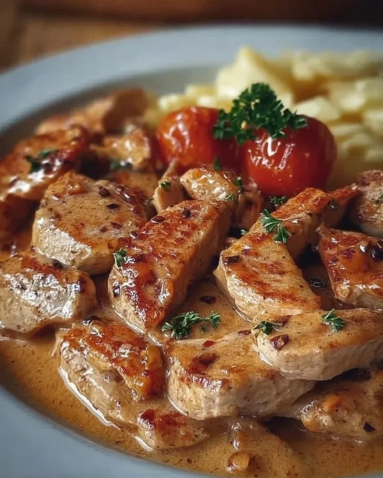 Putenstreifen in einer cremig-fruchtigen Soße auf einem Teller präsentiert.