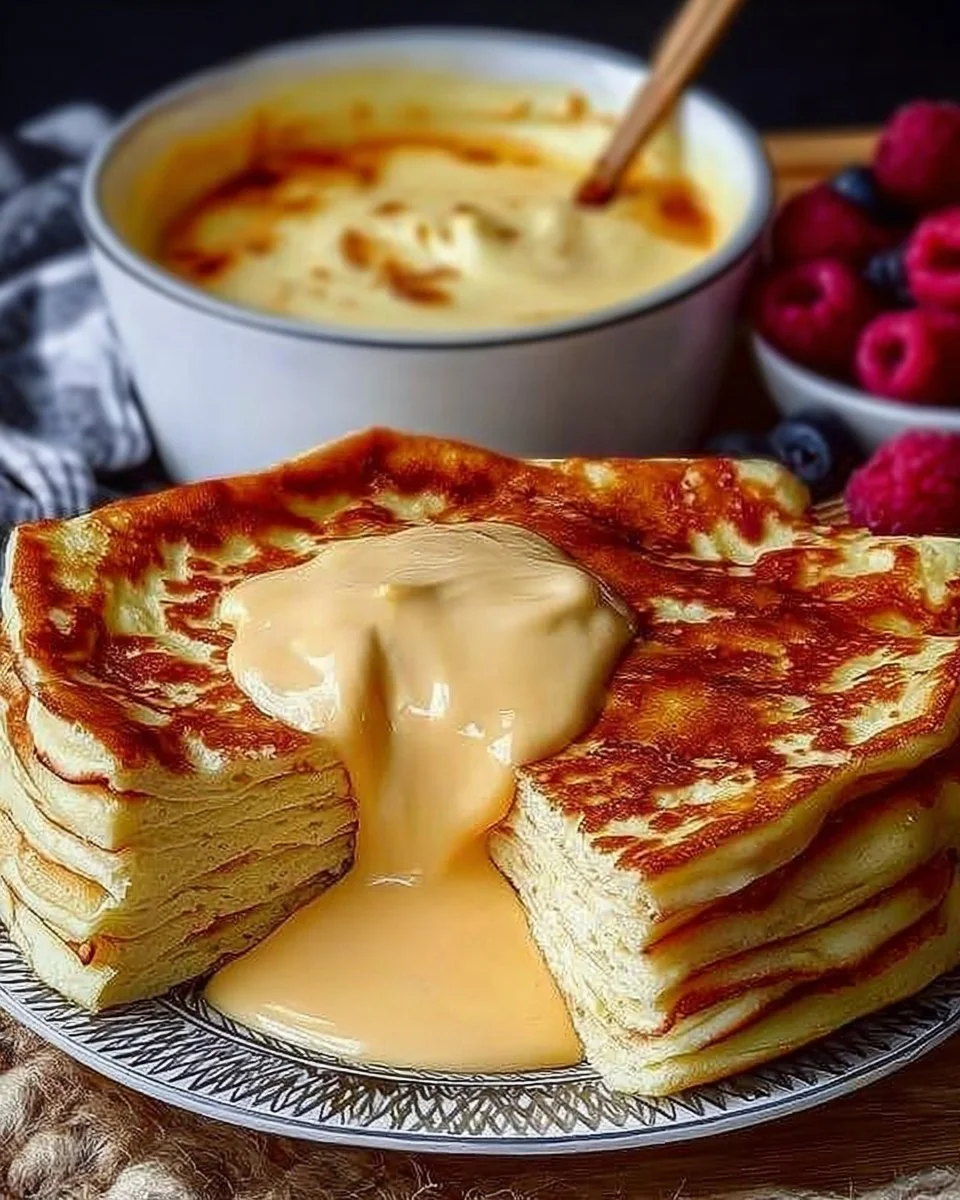 Quark Pfannkuchen mit Pudding ohne Mehl auf einem Teller