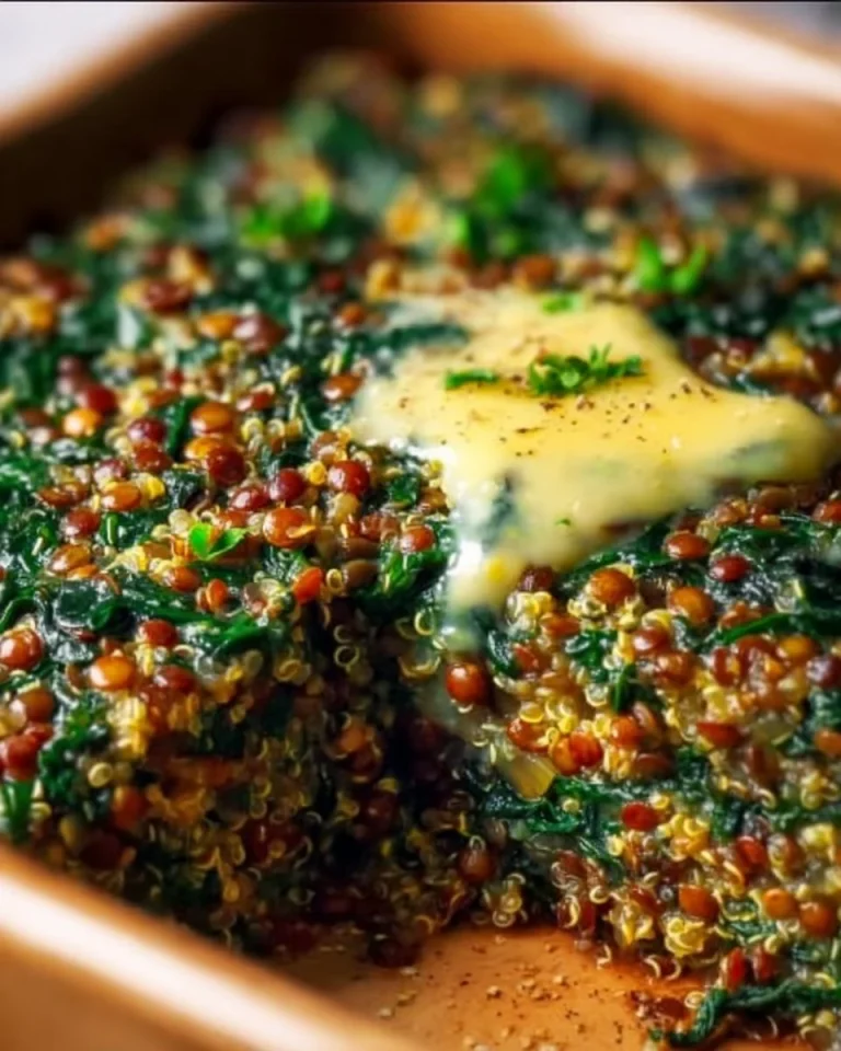 Plato de quinoa y lentejas al horno con espinacas fresco y sabroso.