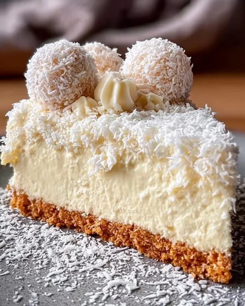 Raffaello-Kuchen ohne Backen auf einem Teller, dekoriert mit Kokosraspeln.