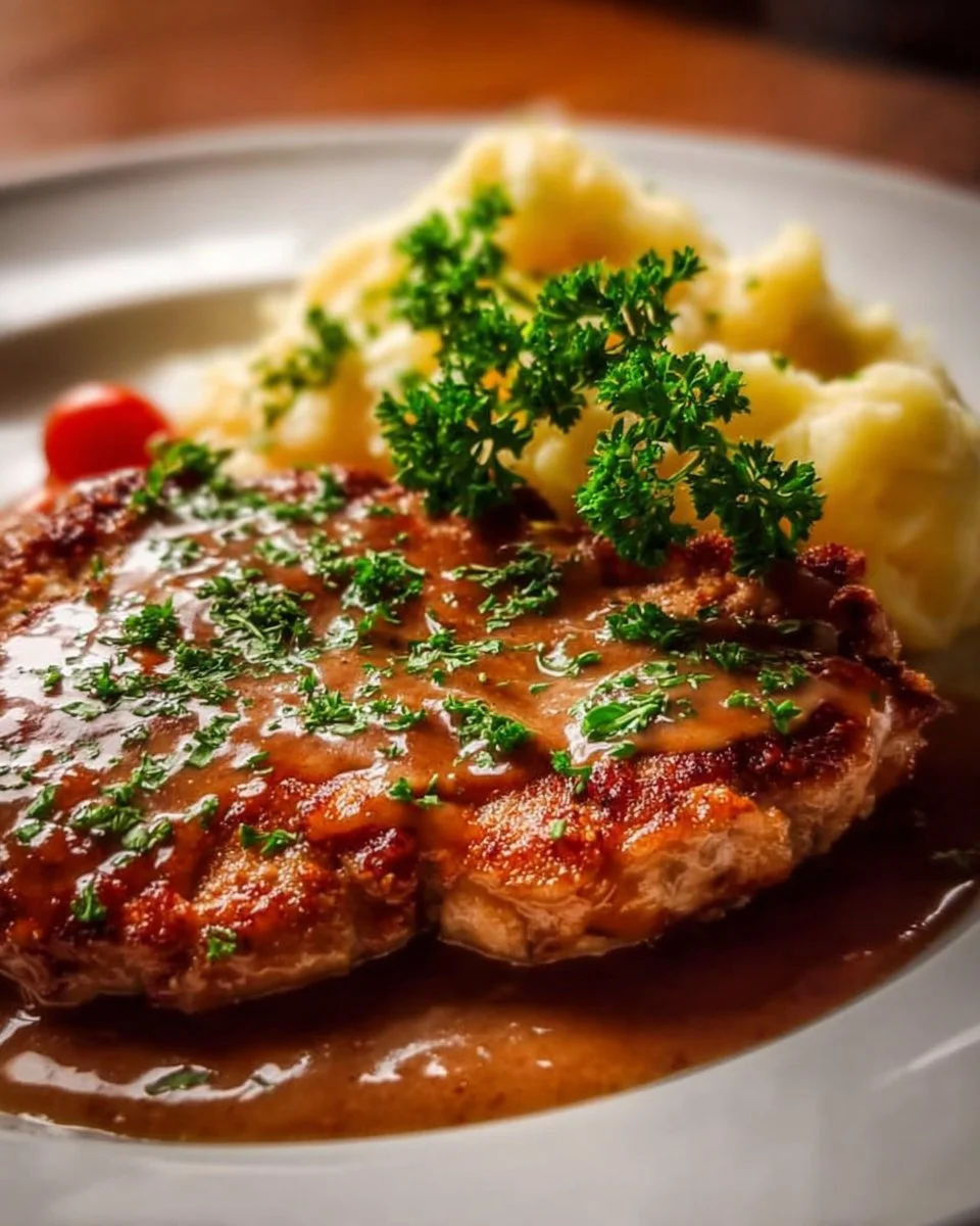 Leckeres Rahmschnitzel mit Sahnesauce und Beilagen auf einem Teller serviert