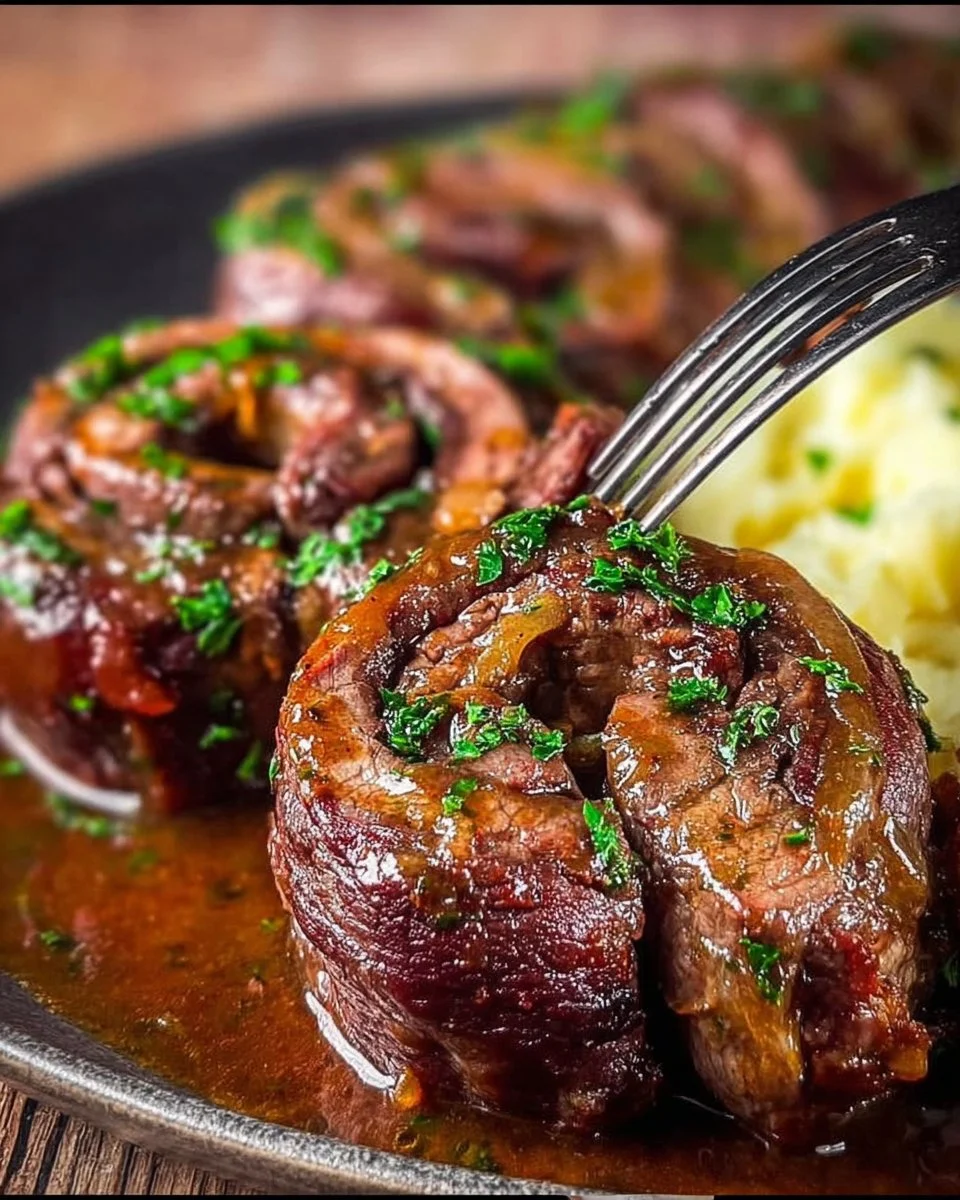 Rinderrouladen auf einem Teller serviert mit Beilagen